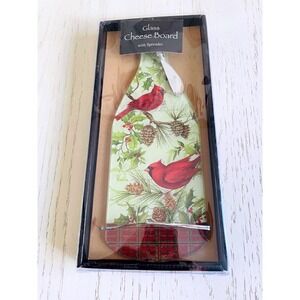 Counter Art Glass Cheese Board Wine‎ Bottle Cardinal Pinecone Christmas Spreader